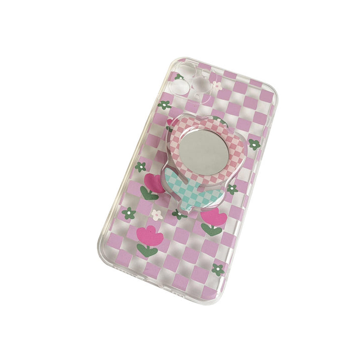 Portable Flower-Shaped Compact Mirror With Acrylic Checkered Frame