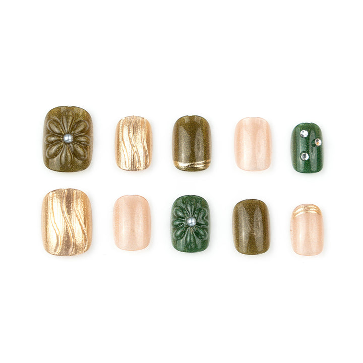 Artificial nail set with elegant flower design and luxurious glitter accents Bowlift