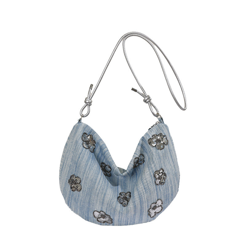Floral Embellished Denim Handbag Bowlift