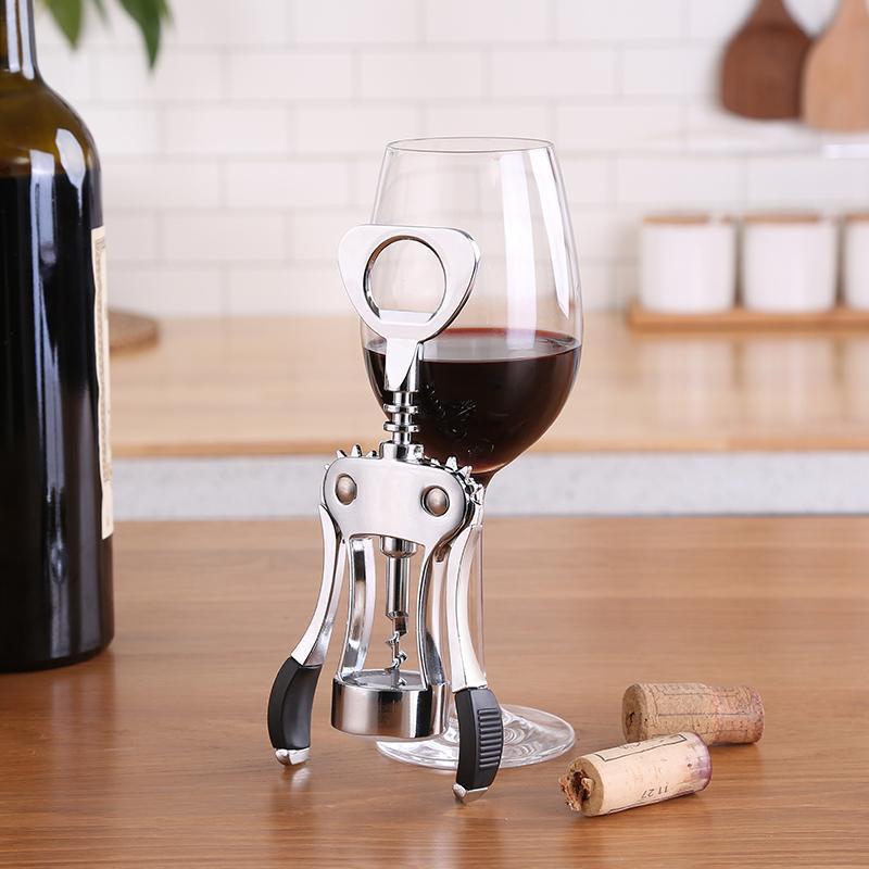 Winged corkscrew with integrated bottle opener and ergonomic rubberized lever handles Bowlift