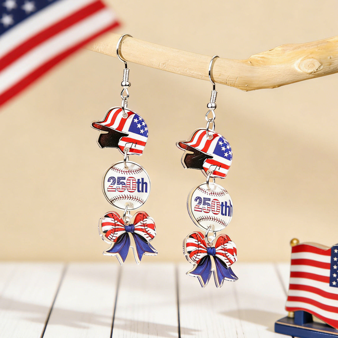 Women's acrylic statement earrings long pendant bow motif with patriotic print Bowlift