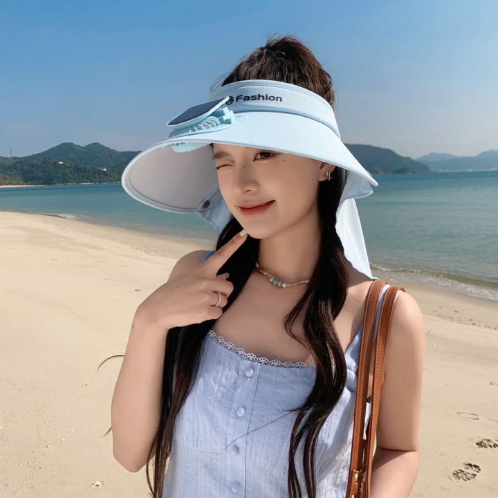 Visor with integrated solar fan, solar module, and neck protection Bowlift