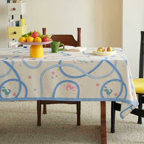 Rectangular cotton blend tablecloth with playful stripe and animal print