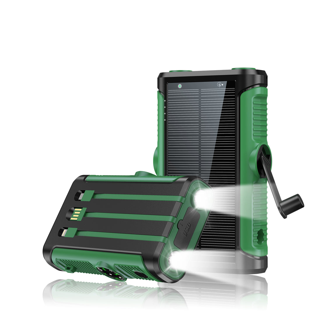 Portable solar battery with integrated hand crank charger Bowlift