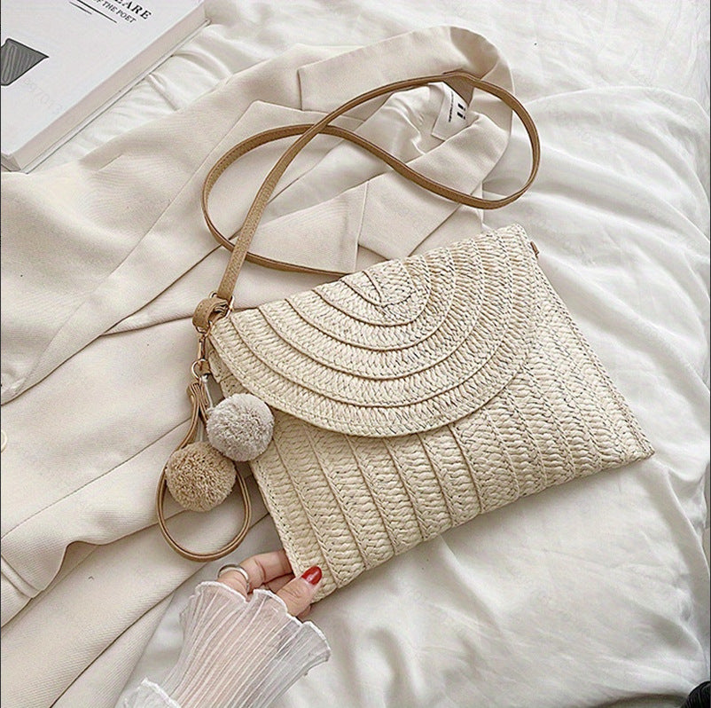 Handbag Made of High-Quality Woven Straw with Elegant Flap Closure Bowlift