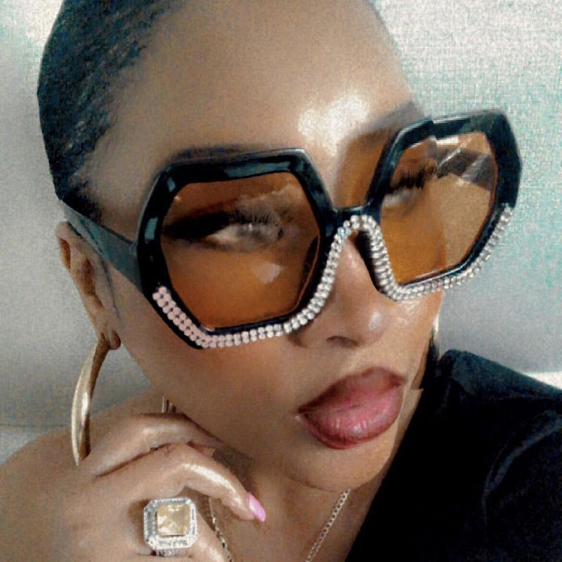 Women's extravagant sunglasses with hexagonal frame and rhinestone accents Bowlift