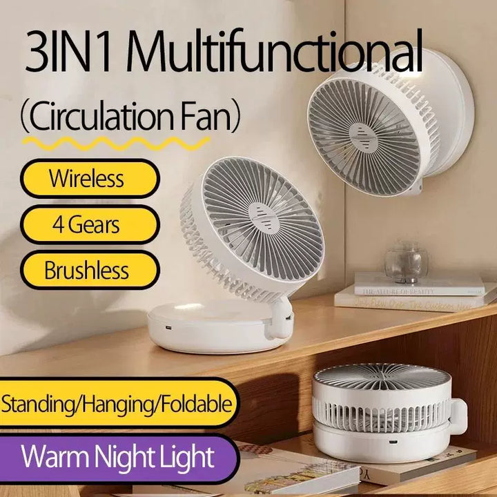 Unisex one size compact folding rechargeable USB Type C desk fan with adjustable tilt angle and integrated LED night light Bowlift