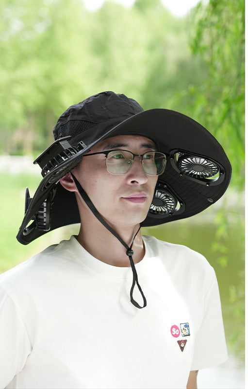 Wide sun hat with integrated solar fans breathable mesh adjustable chin strap Bowlift