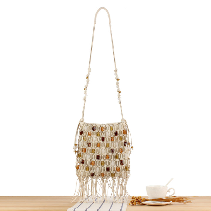 Macrame Crossbody Bag with Colorful Beads and Trendy Fringes Bowlift
