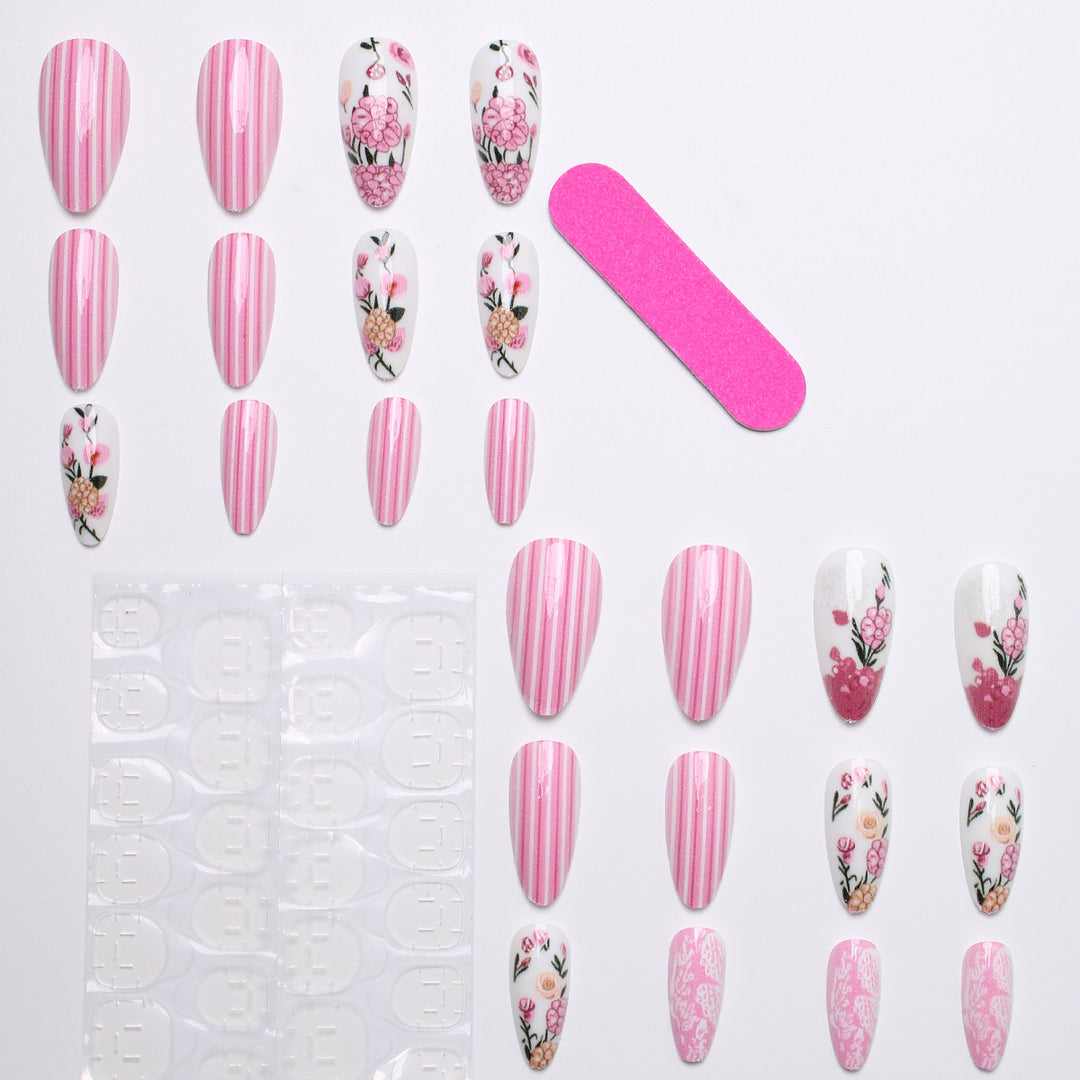Artificial nail set with floral 3D decorations Bowlift