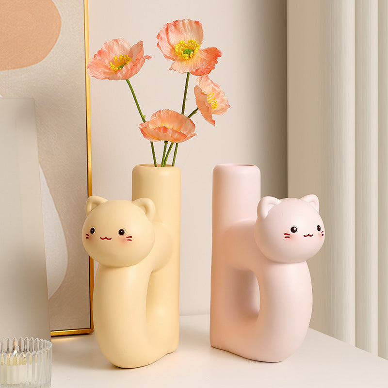 Ceramic Sculptural Cat Letter H Bud Vase With Tubular Mouth Minimalist Tabletop Decor
