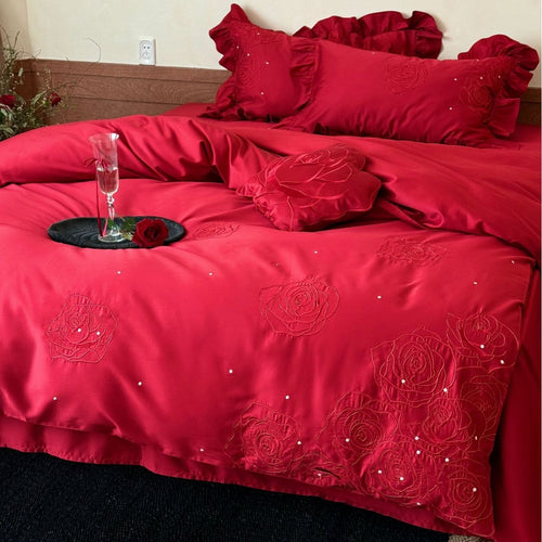 Satin bedding set with rose embroidery, ruffled pillow and decorative pillow Bowlift