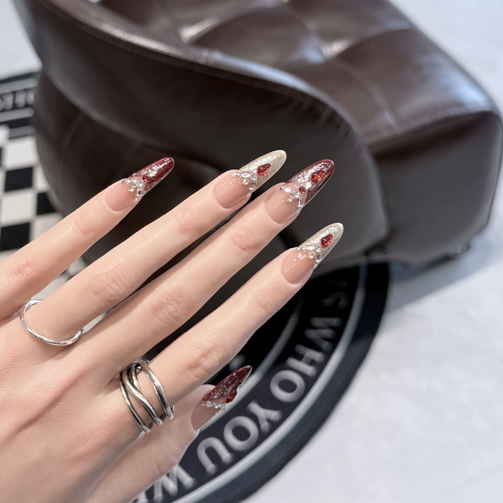 Decorative Stiletto Press-On Nail Set with Gemstone Accents Bowlift
