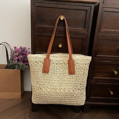 Elegant Braided Shopping Basket with Leather Handles Bowlift