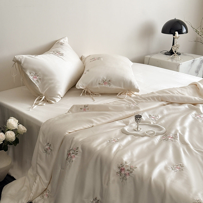 Luxurious satin bedding set with delicate rose embroidery Bowlift