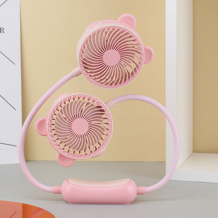 Unisex portable double-neck fan with flexible gooseneck, rechargeable battery and quiet motor Bowlift