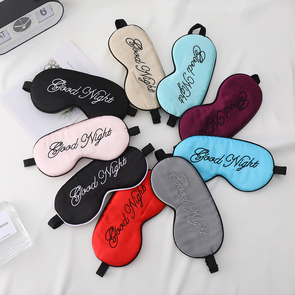 Unisex embroidered contoured sleep mask with decorative text embroidery and adjustable elastic band Bowlift
