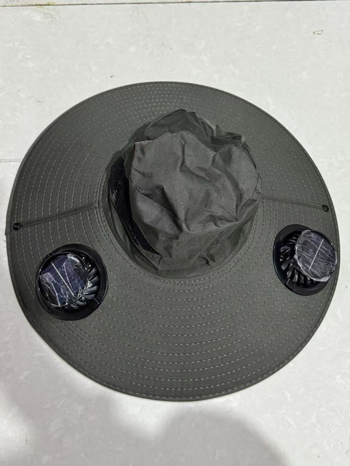 Ventilated sun hat with integrated battery fans, breathable mesh inserts, and adjustable chin strap Bowlift