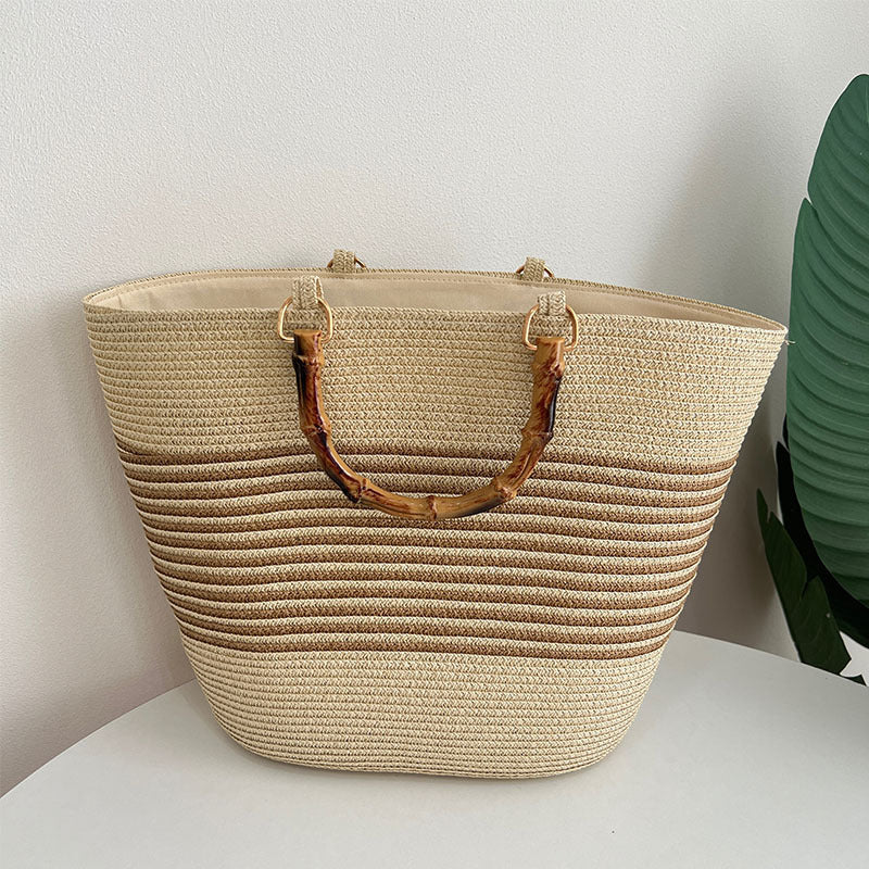 Stylish straw bag with high-quality wooden handle Bowlift