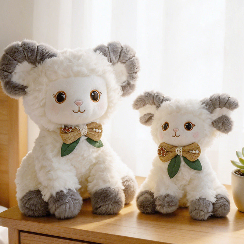 Curled-Horn Ram Plush Collectible with Embroidered Face, Bow Collar & Soft Faux Fur Bowlift