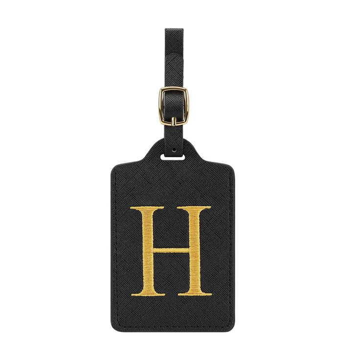 embroidered initial monogram leather luggage tag with adjustable buckle strap Bowlift