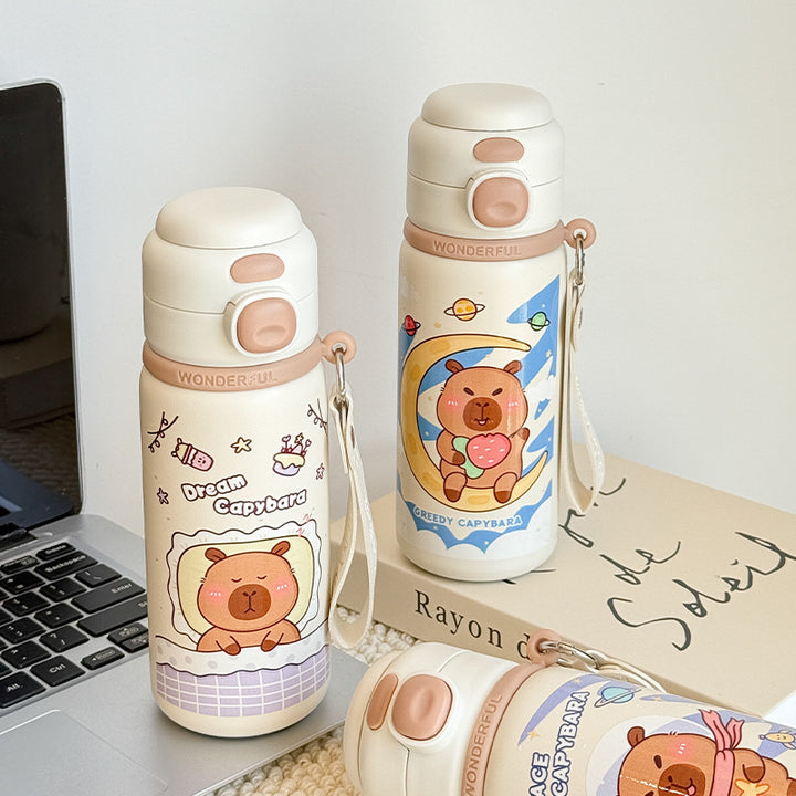 Women Insulated Drinking Bottle with Practical Carry Strap and Cute Bear Design Bowlift
