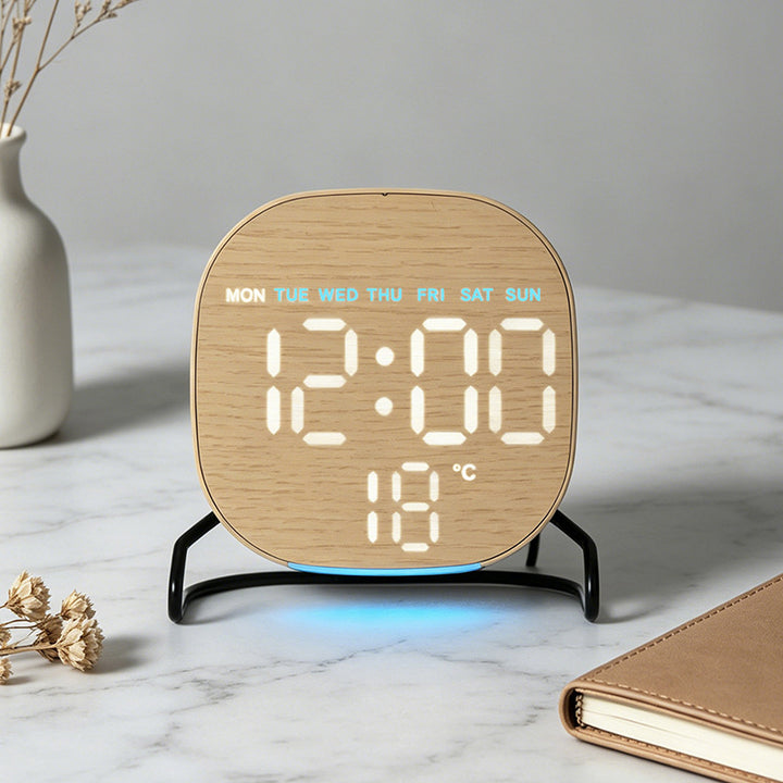 Minimalist Smart LED Alarm Clock with Fabric Front, Temperature Sensor and Weekday Display Bowlift