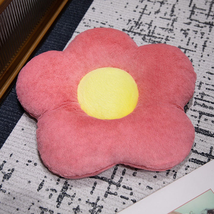 Padded seat cushion in flower shape with faux leather center piece and fluffy edge padding
