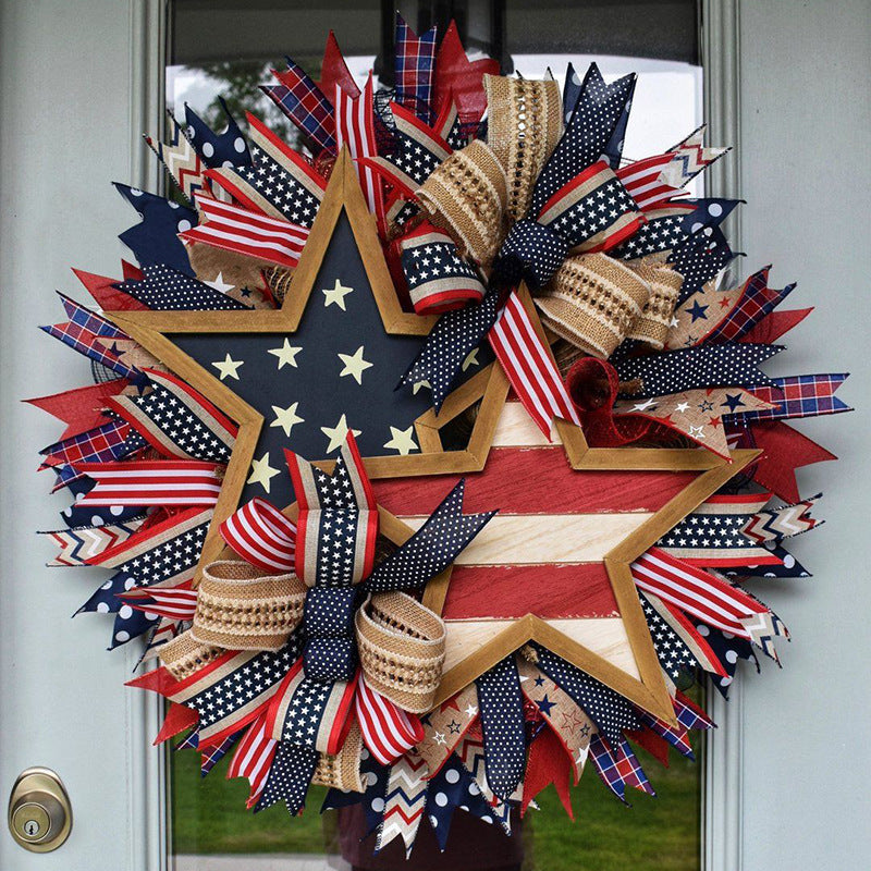 Unisex nan more patriotic door wreath with wooden star, multi-layered fabric bows and rustic jute ribbon Bowlift