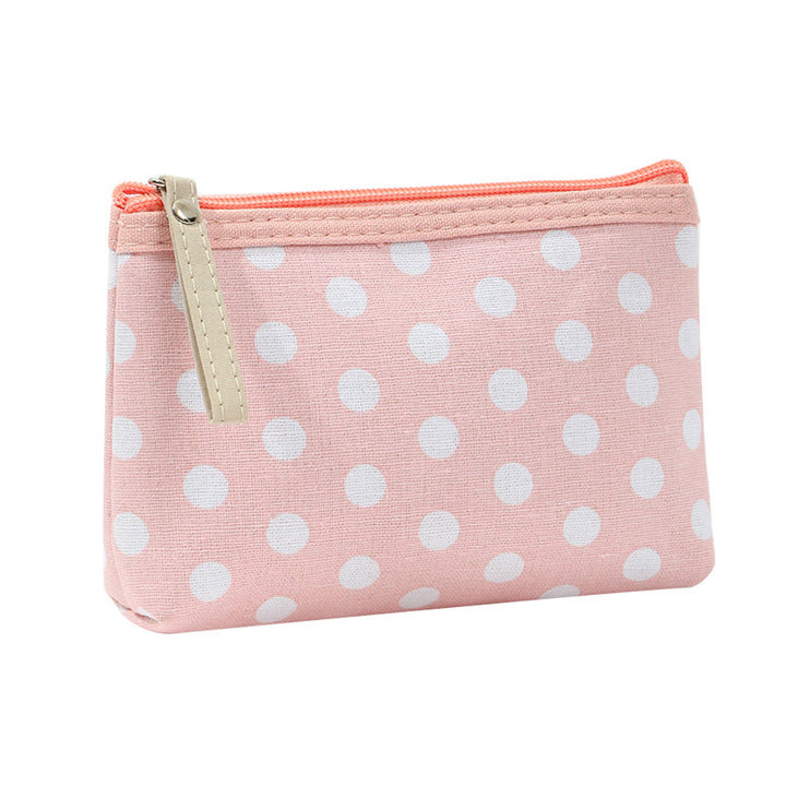 Canvas polka dot cosmetic pouch with zippered faux leather pull Bowlift