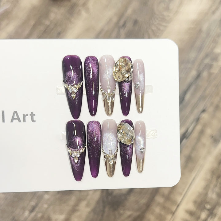 Elegant Stiletto Press-On Nail Set with Decorative Jewel Accents Bowlift