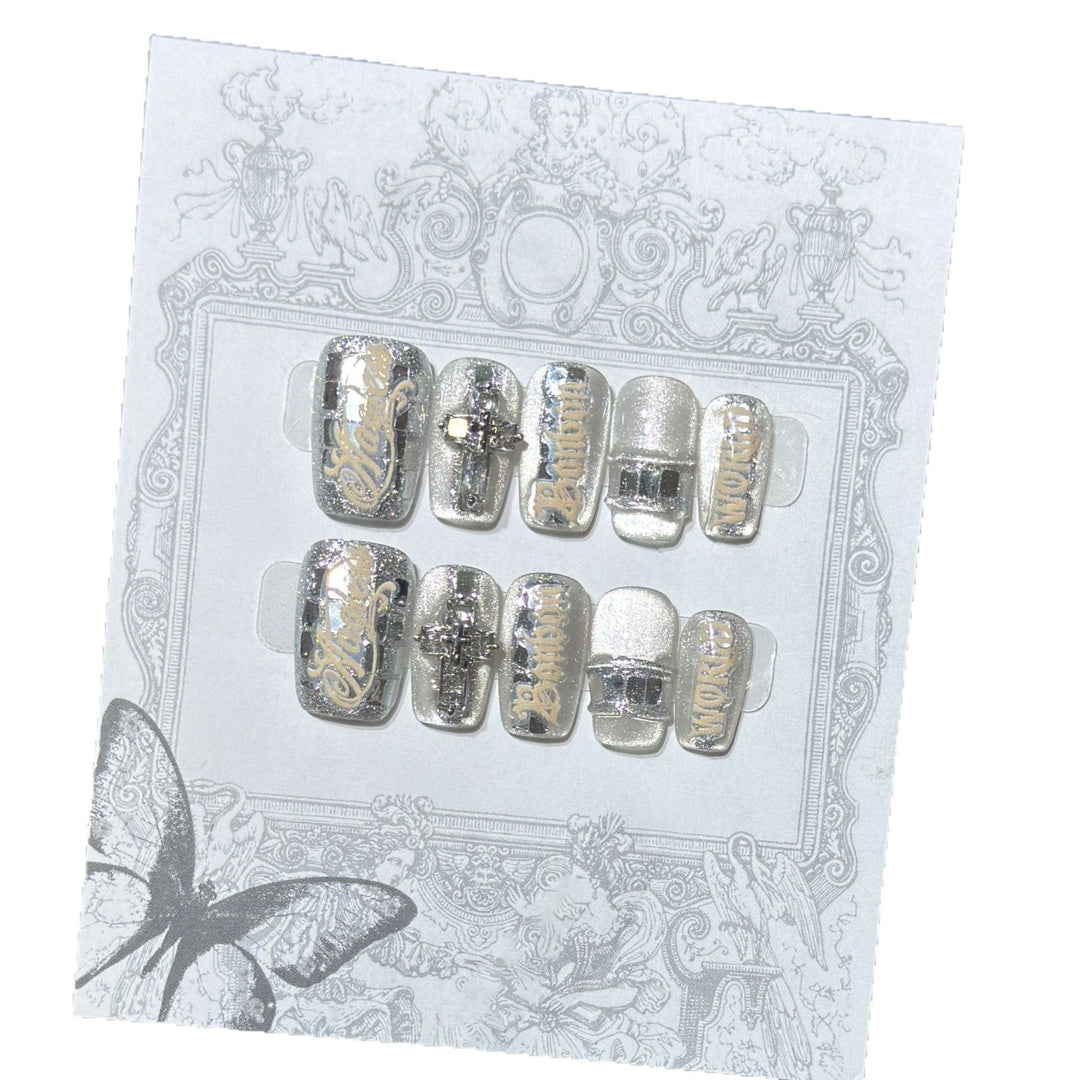 Metallic Press-On Nail Set with Decorative Silver Accents Bowlift