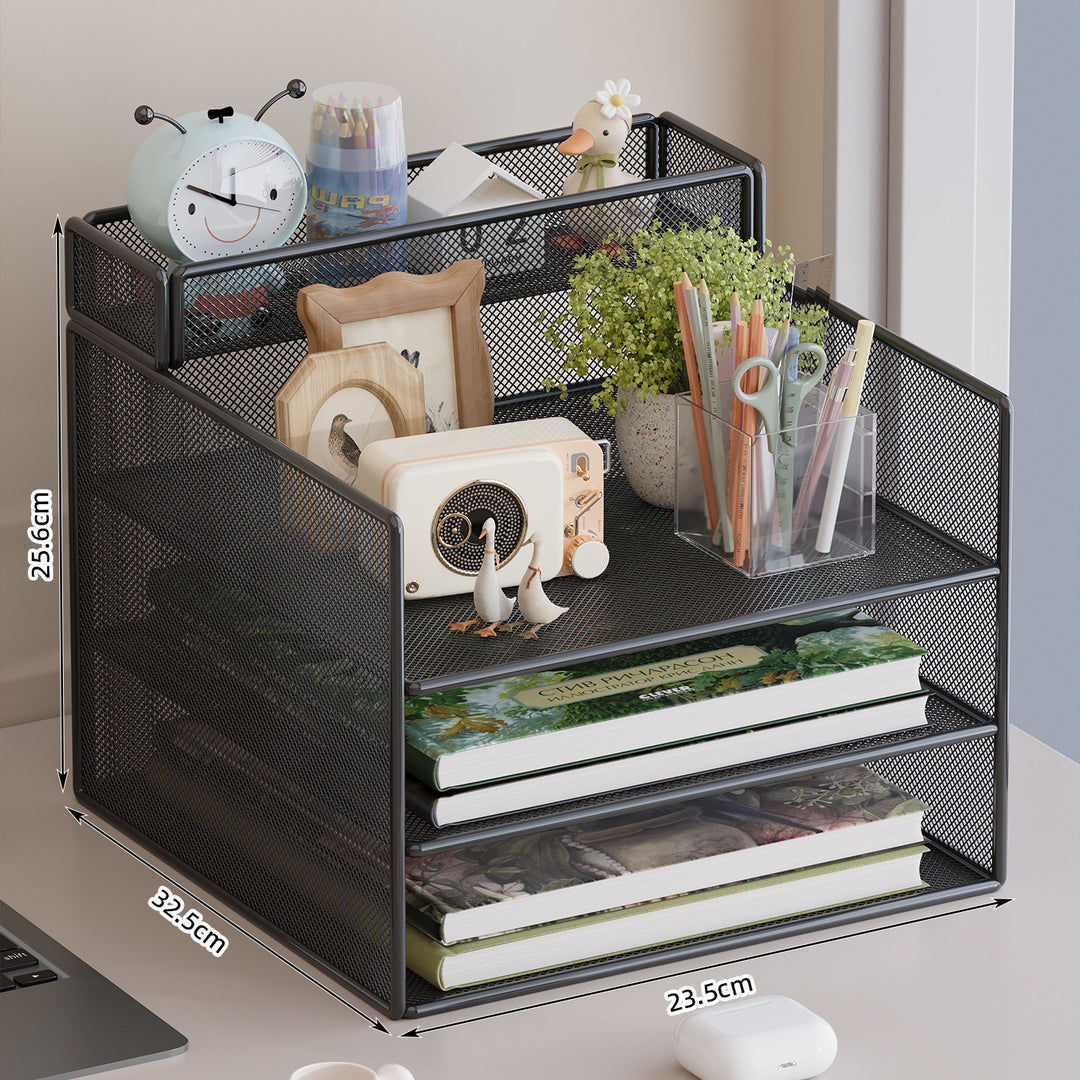 Multi-Tiered Mesh Desktop Organizer with Document Holders Bowlift
