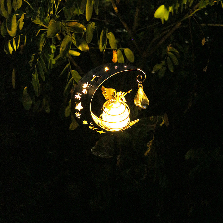Decorative Crescent Moon Solar Garden Stake Lamp With Hanging Crystal Orb And Butterfly Bowlift