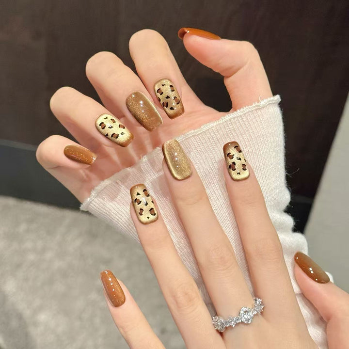Artistic Press-On Nail Set with Glitter and Leopard Patterns