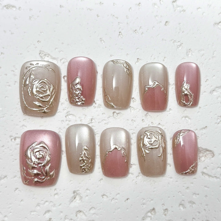 Floral-Engraved Press-On Nail Design Set