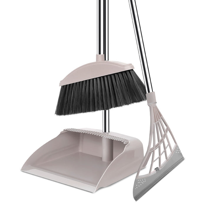 Adjustable Ergonomic Broom And Dustpan Cleaning Set With Detachable Squeegee And Stainless Steel Handle