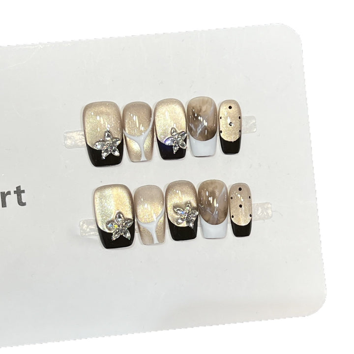 Elegant Press-On Nail Art Set with Floral Embellishments Bowlift