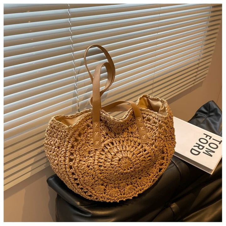 Round-woven beach bag with leather handles Bowlift
