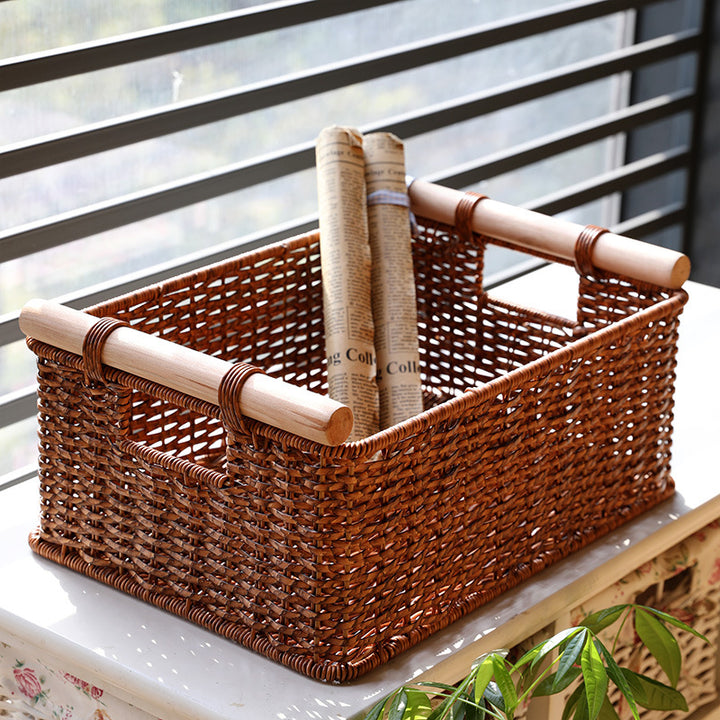 Handcrafted Woven Storage Basket with Wooden Handles Bowlift