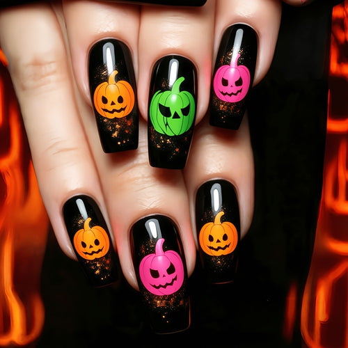 Halloween-style artificial nails with graphic pumpkin designs Bowlift