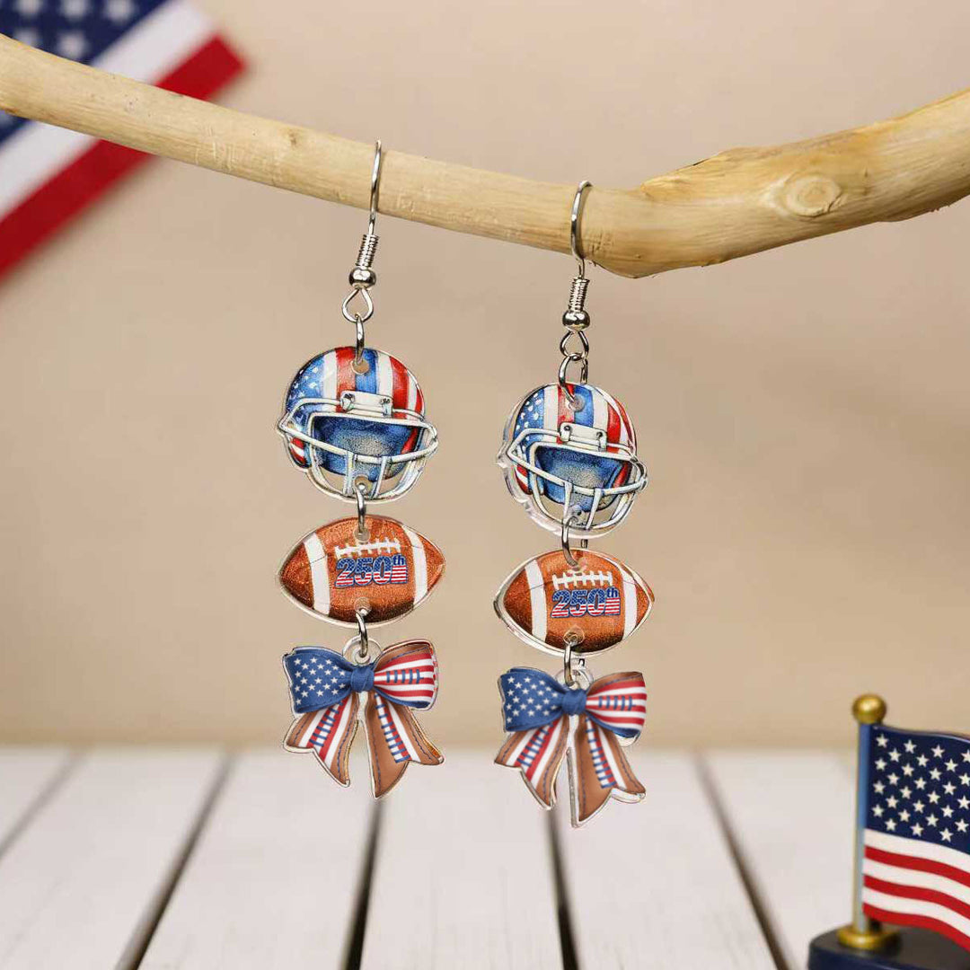 Women's acrylic statement earrings long pendant bow motif with patriotic print Bowlift
