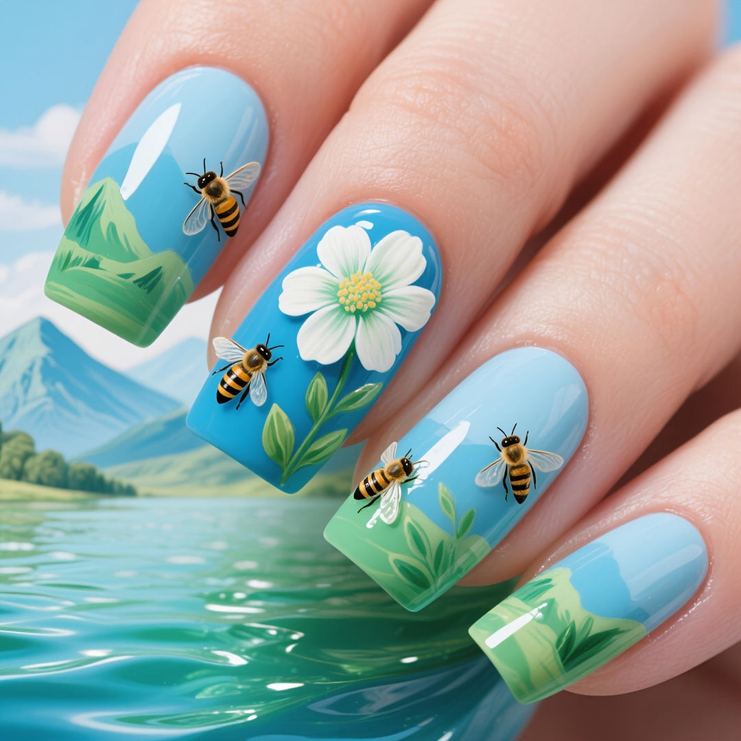Artificial nails with floral and bee motifs Bowlift