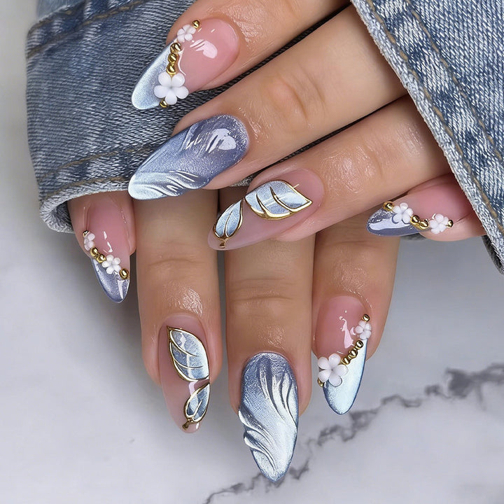 Artificial nails with elegant leaf look and floral design Bowlift