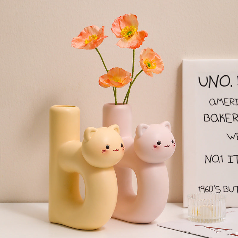 Ceramic Sculptural Cat Letter H Bud Vase With Tubular Mouth Minimalist Tabletop Decor