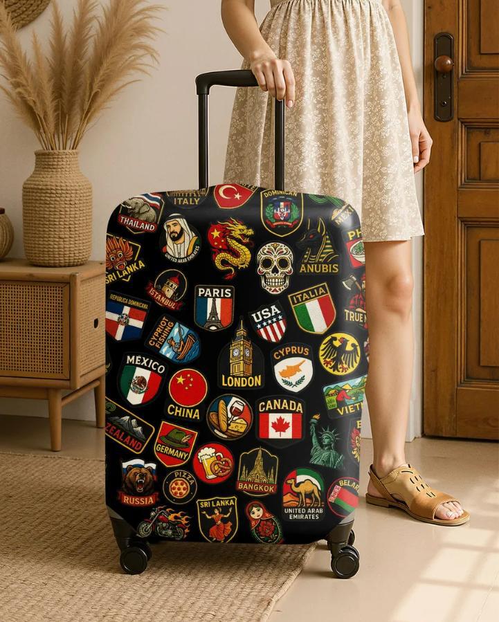 Unisex nan hard shell suitcase cover with stretch travel motif print, zipper opening and scratch-resistant protection Bowlift