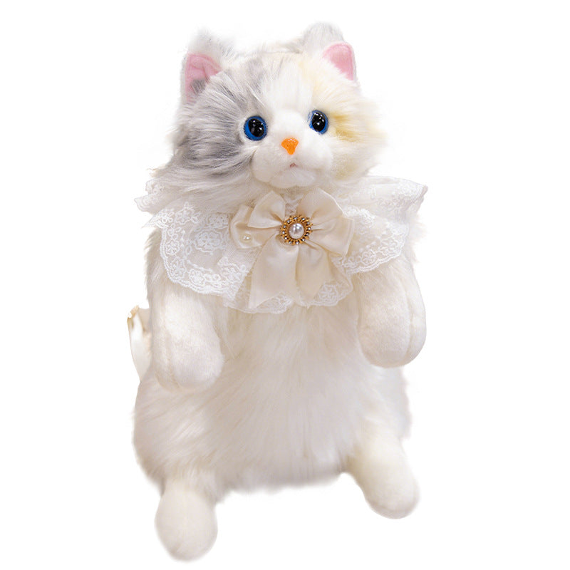 Plush Sitting Cat Decorative Doll with Lace Ruffle Collar & Jeweled Bow Bowlift