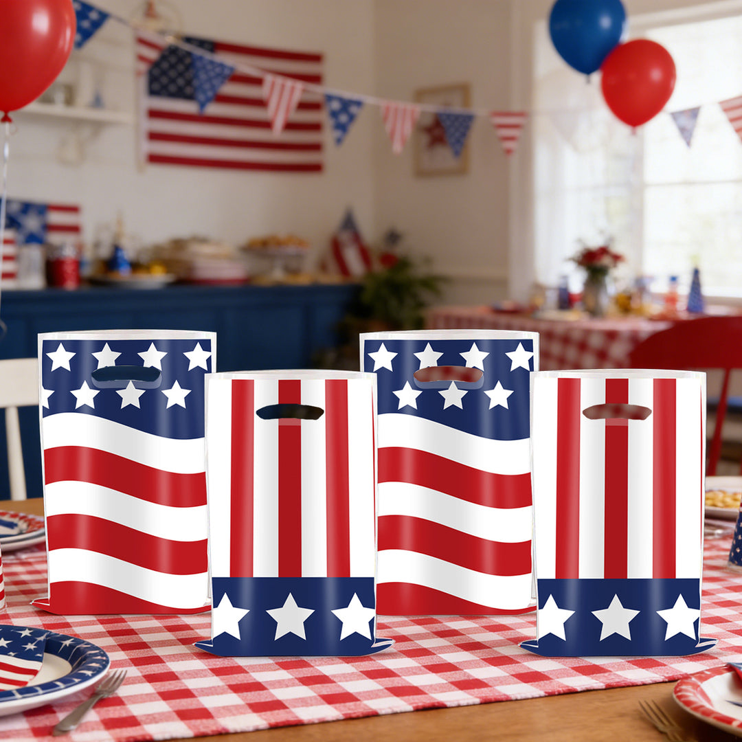 Unisex nan gift bags set with USA flag motif made of sturdy plastic and integrated handle ten pack Bowlift