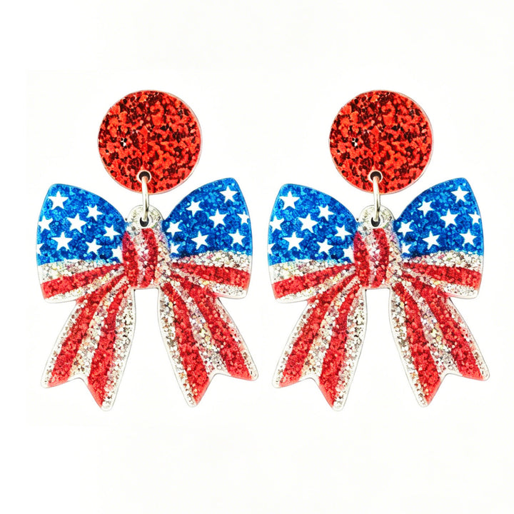Ladies nan glittering bow earrings with stud closure and star stripe motif Bowlift