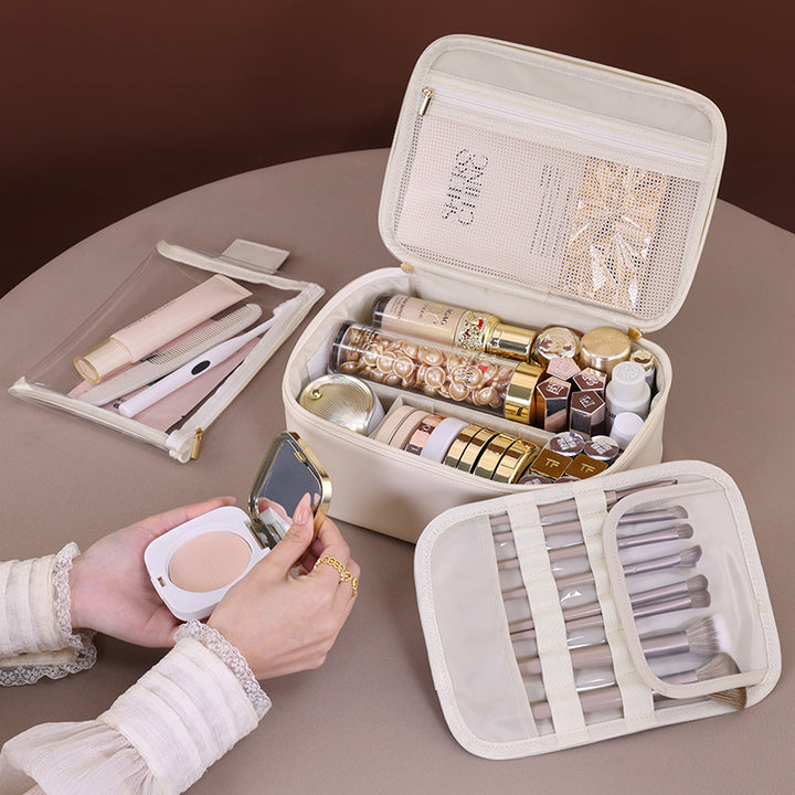 Cosmetic Organizer with Transparent Viewing Window and Practical Compartment System Bowlift